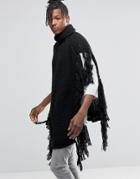 Asos Poncho With Tassles In Black - Black