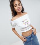 Asos Design Tall Off Shoulder Top With Floral Embroidery - White