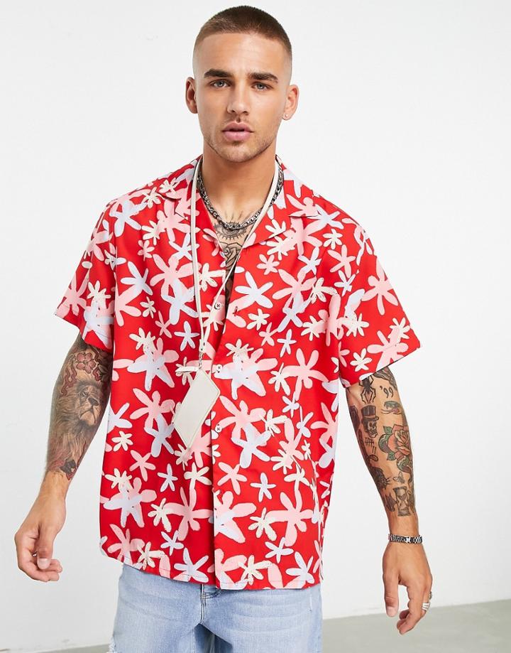 Asos Design Relaxed Revere Shirt In Bright Floral Print - Part Of A Set-red