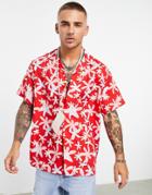 Asos Design Relaxed Revere Shirt In Bright Floral Print - Part Of A Set-red