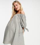 Asos Design Maternity Off Shoulder Tiered Mini Dress With Tie Sleeves In Khaki Gingham-multi