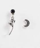 Asos Design Stud Earrings Pack With Asymmetric Rose And Moon Design In Silver Tone