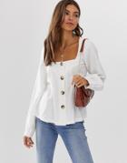 Asos Design Square Neck Button Through Long Sleeve Top With Pleat Detail-white
