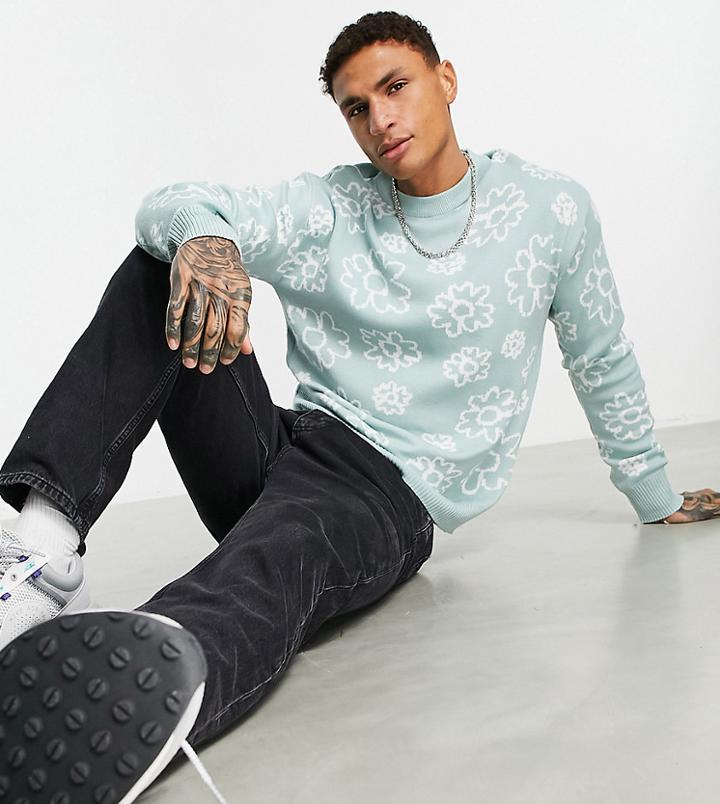Bershka Flower Print Oversized Sweater In Sage-green