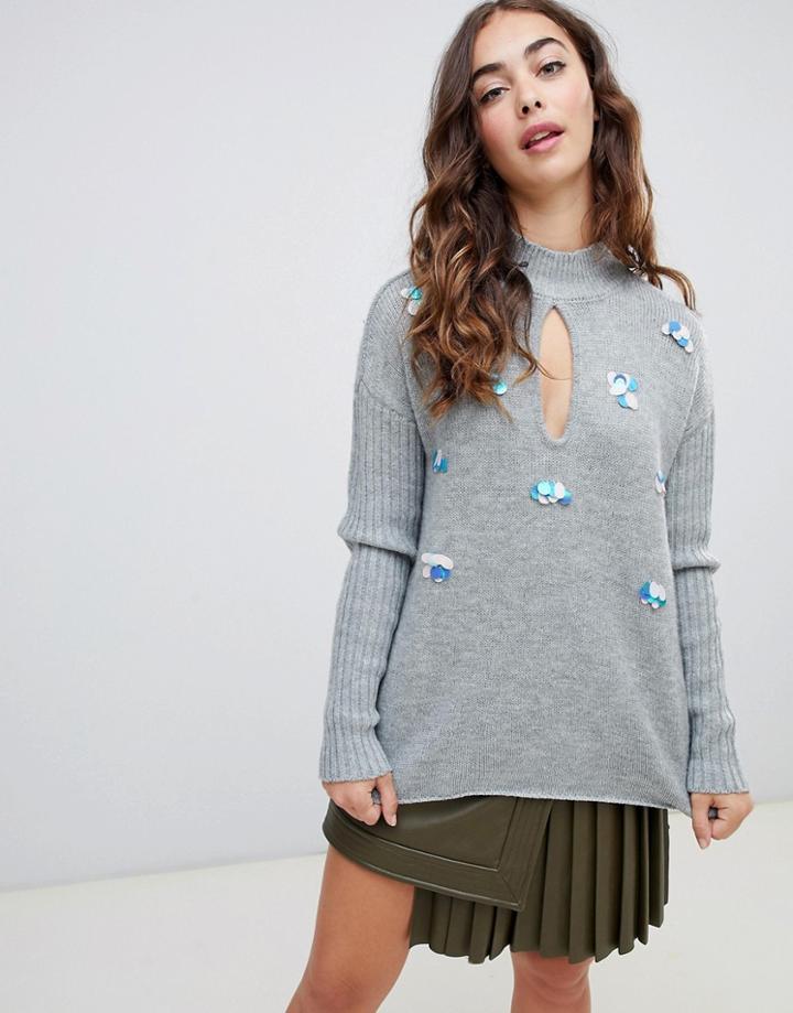 Lost Ink Swing Sweater With Sequin Embellishment In Chunky Knit - Gray