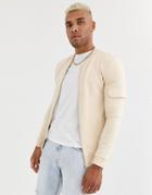 Asos Design Jersey Muscle Bomber Jacket With Utility Sleeve Pocket In Beige