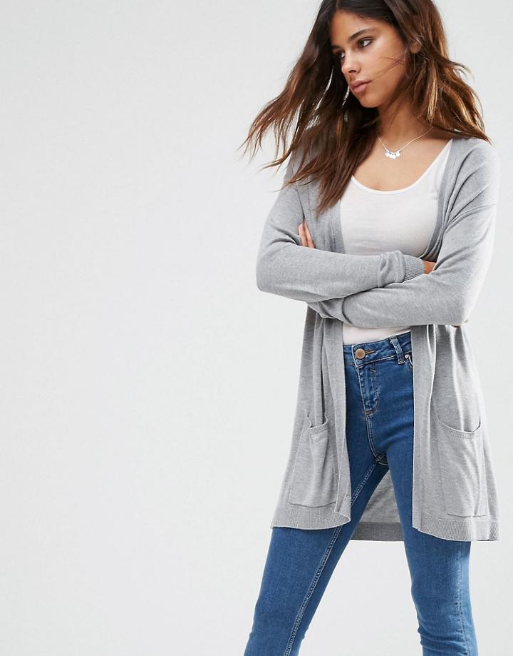 Asos Cardigan In Fine Knit In Soft Yarn - Mid Gray