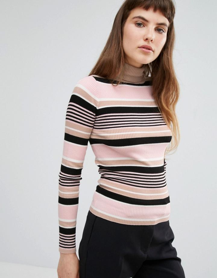 Miss Selfridge Stripe Roll Neck Sweater - Pink