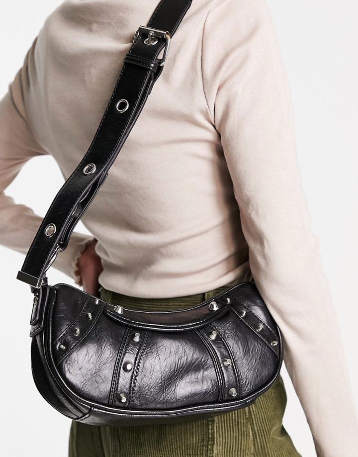 Asos Design Curved Crossbody Bag With Studding In Black