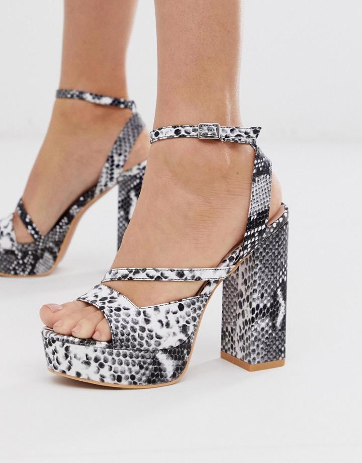 Lost Ink Square Toe Platform Heeled Sandal In Snake - Multi