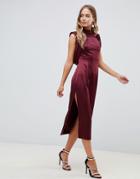 Asos Design Satin Midi Dress With Drape Armhole And Side Split - Red