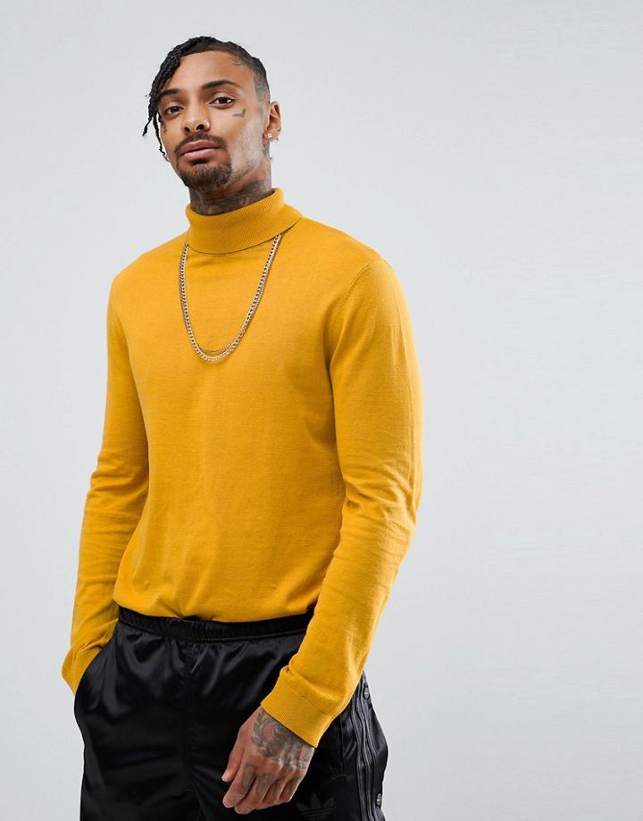 Asos Roll Neck Cotton Sweater In Mustard - Yellow