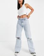 Monki Yoko Organic Cotton Wide Leg Jeans With Rip Front In Bleach Wash-blues