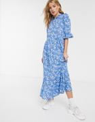 Asos Design Velvet Broderie Shirred Midi Dress In Blue-blues