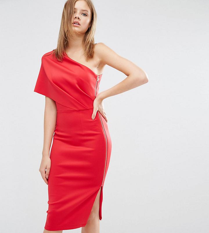 Asos Tall One Shoulder Scuba Deep Fold Midi Dress With Exposed Zip - Red