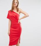 Asos Tall One Shoulder Scuba Deep Fold Midi Dress With Exposed Zip - Red