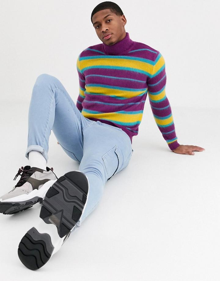 Asos Design Knitted Sweater With Roll Neck In Brushed Stripe-multi