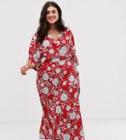 Brave Soul Plus Kea Midi Wrap Dress In Bold Floral Print - Red