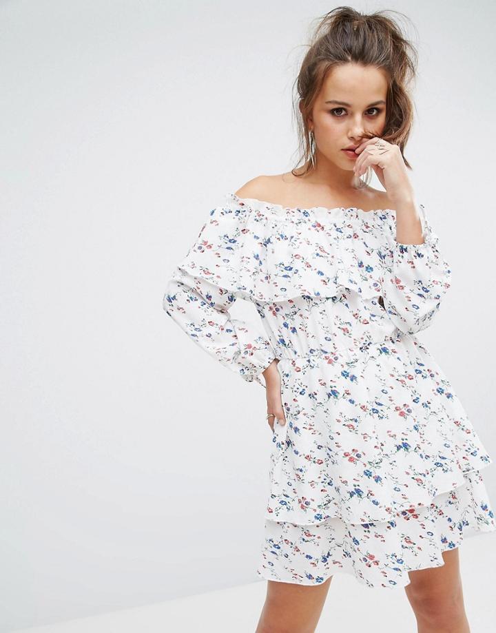 Prettylittlething Floral Bardot Shift Dress - White