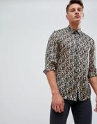 Asos Design Regular Fit Retro Geo Print Shirt In Sheer - Gold