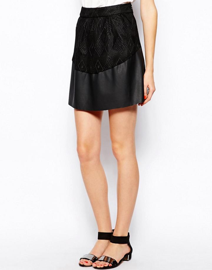 Vila Lace Detail Leather Look Skirt - Black