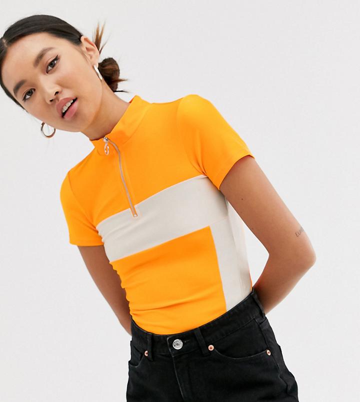 Monki Zip Neck Color Block Top In Orange