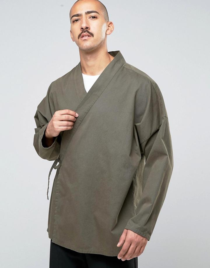 Asos Denim Kimono Shirt With Tie Up Front In Khaki - Green