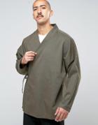 Asos Denim Kimono Shirt With Tie Up Front In Khaki - Green