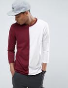 Asos Longline Long Sleeve T-shirt With Contrast Splice In Red/white - Multi