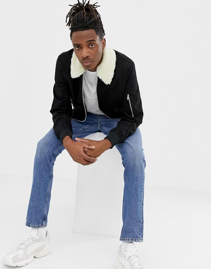 Asos Design Cotton Bomber Jacket With Fleece Collar In Black