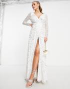 Lace & Beads Bridal Embellished Maxi Dress With Train In Ivory-white