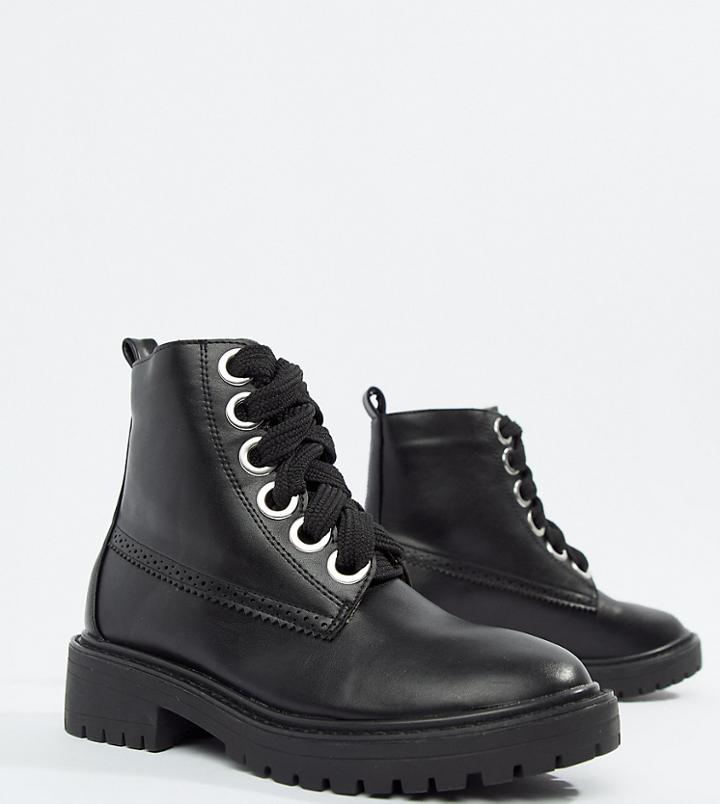 Lost Ink Wide Fit Black Chunky Flat Lace Up Boots - Black