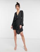 Asos Design Satin Mini Dress With Drape Skirt Detail In Black