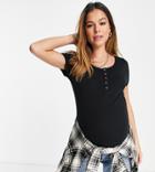 Cotton: On Maternity Henley Short Sleeve Button Top In Black