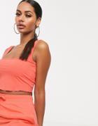 Asos Design Two-piece Crop Cami With Square Neck And Lettuce Hem In Coral - Pink