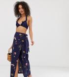 Warehouse Printed Wrap Beach Skirt In Navy - Navy