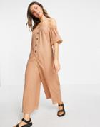 Asos Design Off Shoulder Button Front Textured Jumpsuit In Mocha-brown