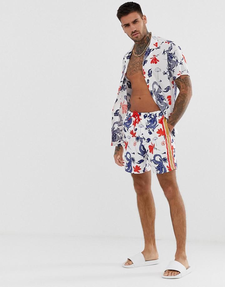 Asos Design Two-piece Swim Shorts With Dragon Print And Side Tape In Mid Length - Multi