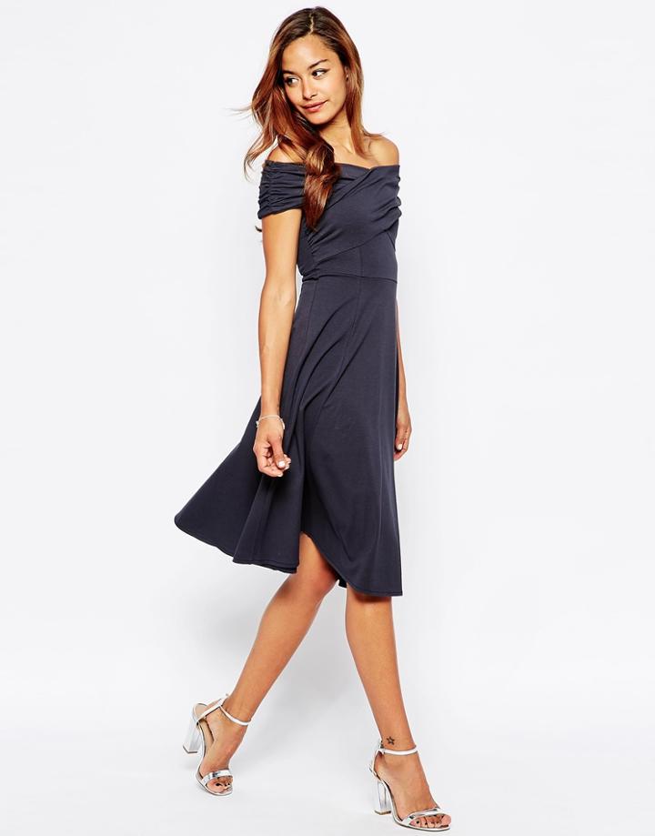 Asos Midi Skater Dress With Bardot Cross Shoulder Detail - Green