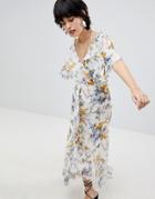 Warehouse Wrap Front Floral Midi Dress - Multi