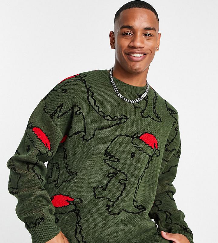 Asos Design Christmas Sweater With All Over Dinosaur Jacquard-green
