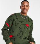 Asos Design Christmas Sweater With All Over Dinosaur Jacquard-green