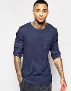 Asos Rib Jersey Longline Long Sleeve T-shirt With Oil Wash - Blue