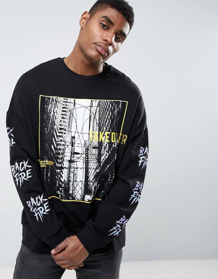 Asos Oversized Sweatshirt With Photographic Print & Sleeve Print - Black