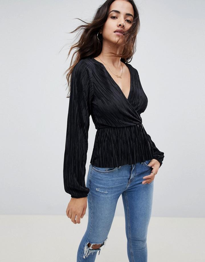 Asos Design Wrap Top In Plisse With Peplum - Green