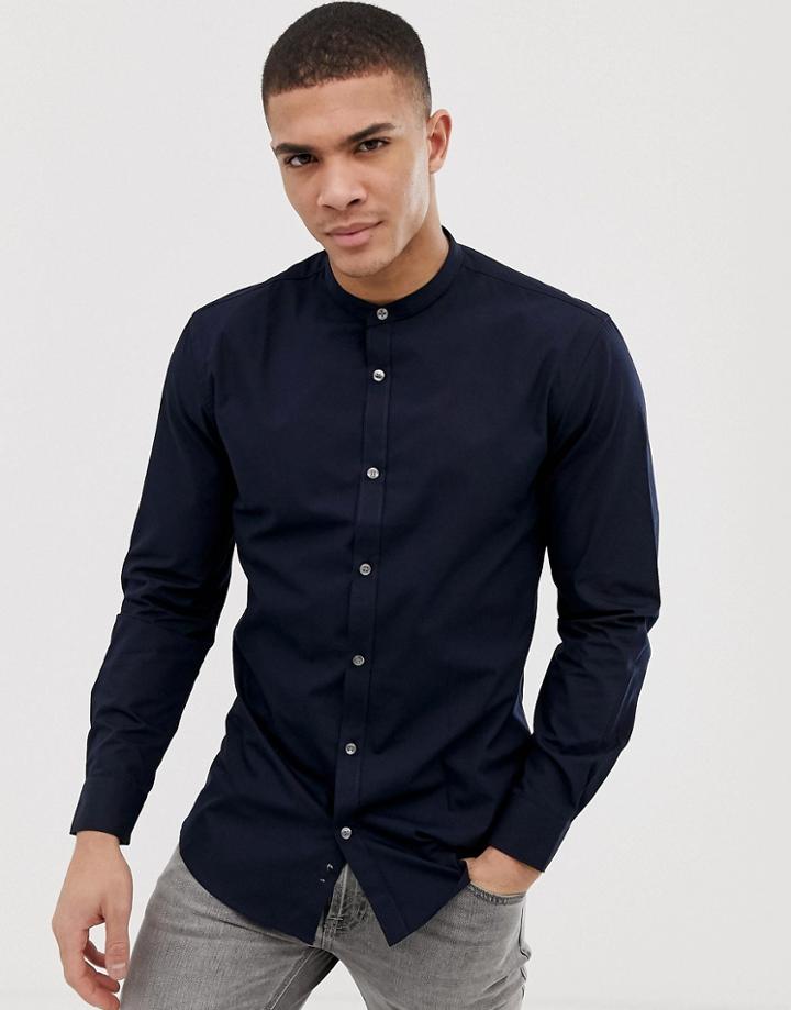 French Connection Plain Grandad Collar Slim Fit Shirt-navy