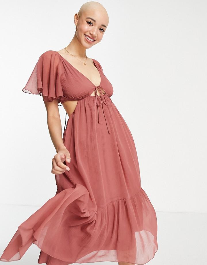 Asos Design Soft Tiered Midi Dress With Tie Front In Rose-pink