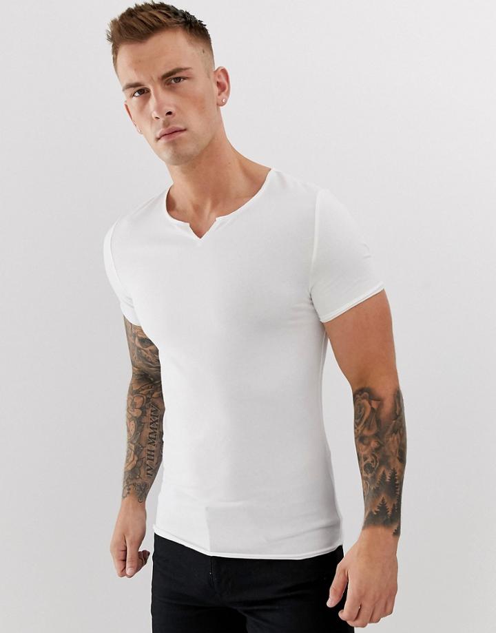 Asos Design Organic Muscle Fit T-shirt With Raw Notch Neck In White