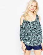 Brave Soul Cold Shoulder Paisley Print Top - Green Combo