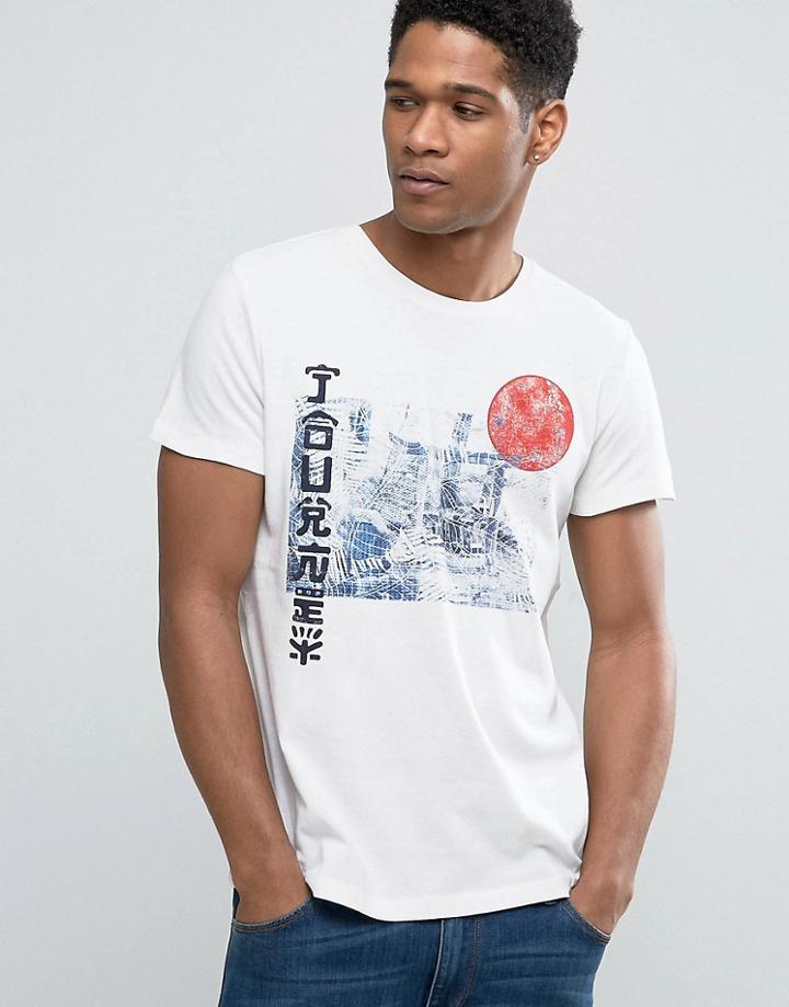 Esprit Slim Fit Knitted Crew Neck T-shirt With Japan Print - White
